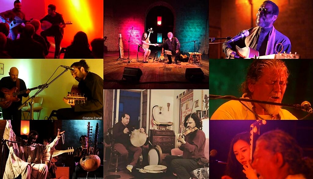 Accordi di Pace performance. Musicians on stage in collage of concert moments.