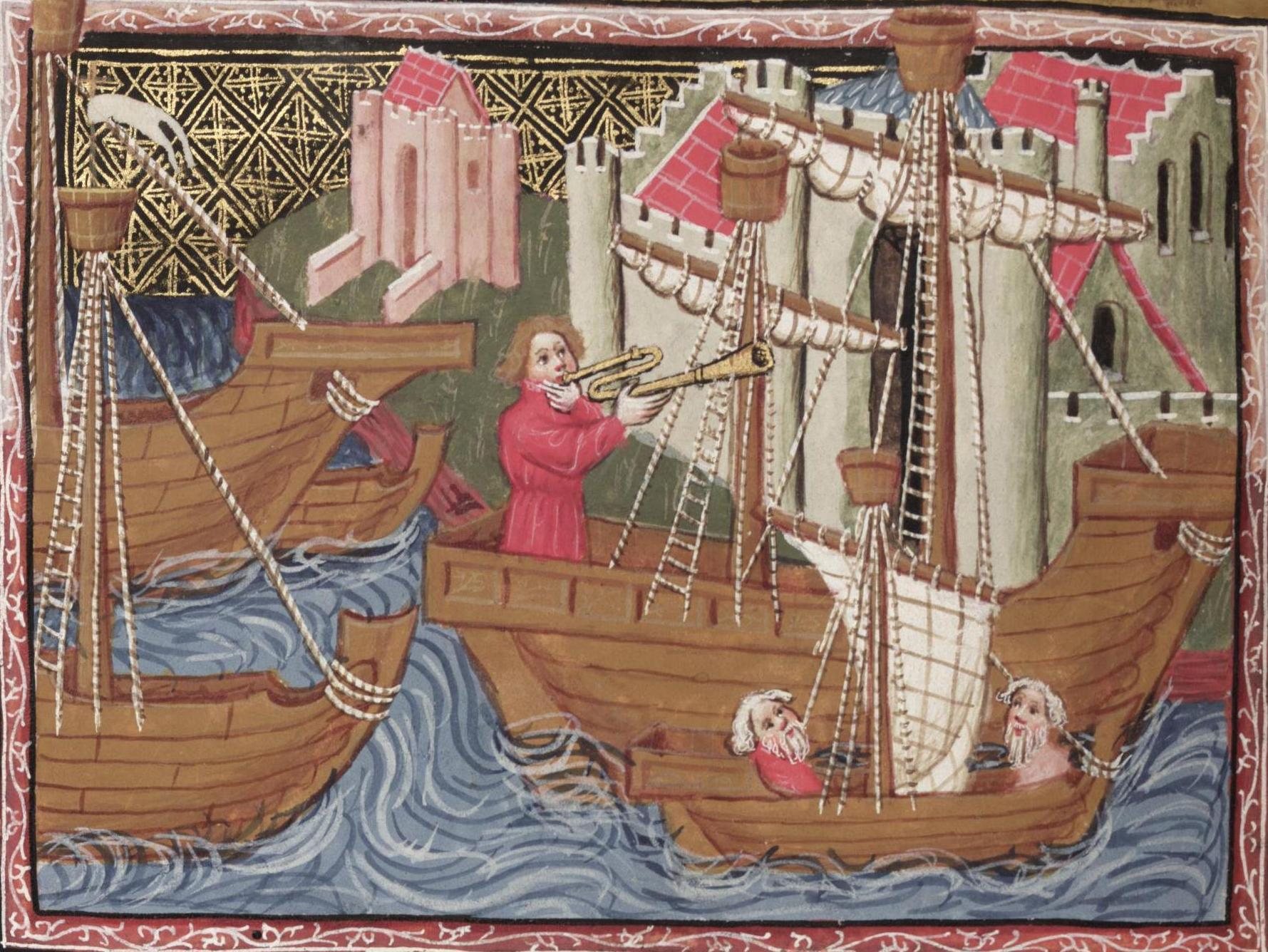 Illuminated manuscript illustration of Zayton (Quanzhou) from Marco Polo's Travels, showing merchants and ships at a walled port city.