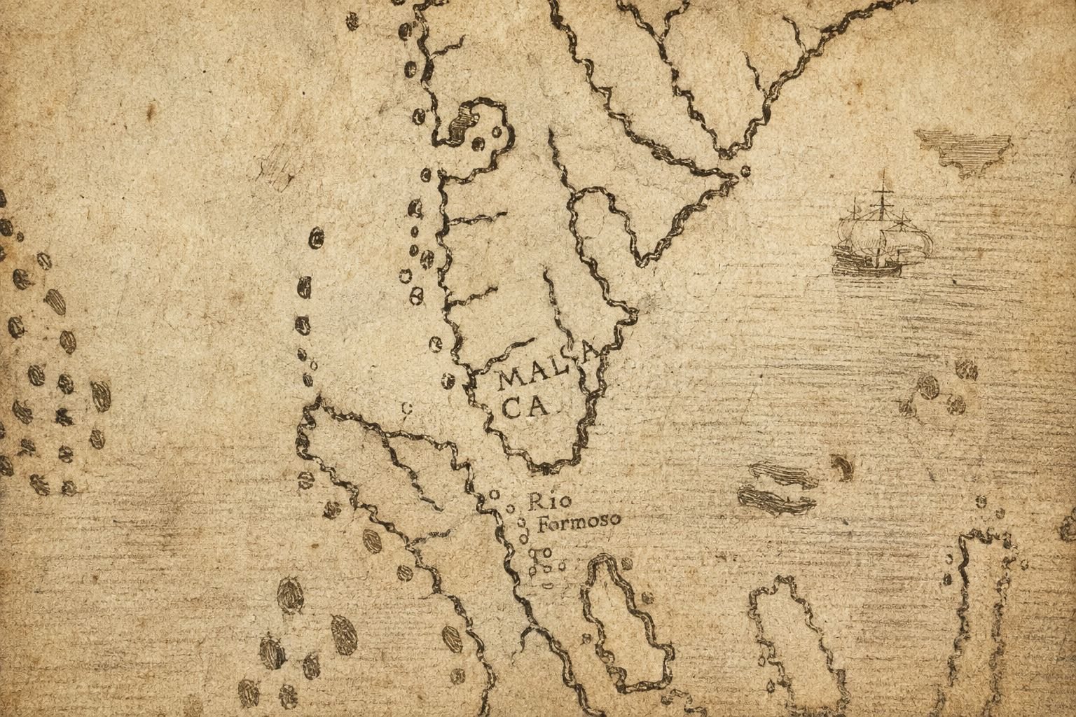 Anonymous map associated with Pedro Reinel (1517), showing the Malay Peninsula with Rio Formoso marked south of Malacca.