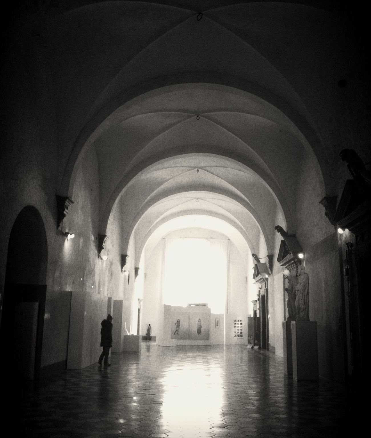 A vaulted gallery with a single figure at the far end.