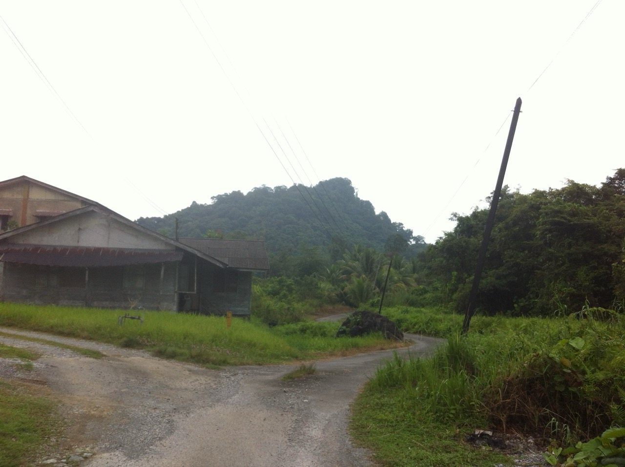 A village road curving away into the distance past a modest building, a dramatic limestone karst hill rising through mist in the background, power lines crossing an overcast sky.